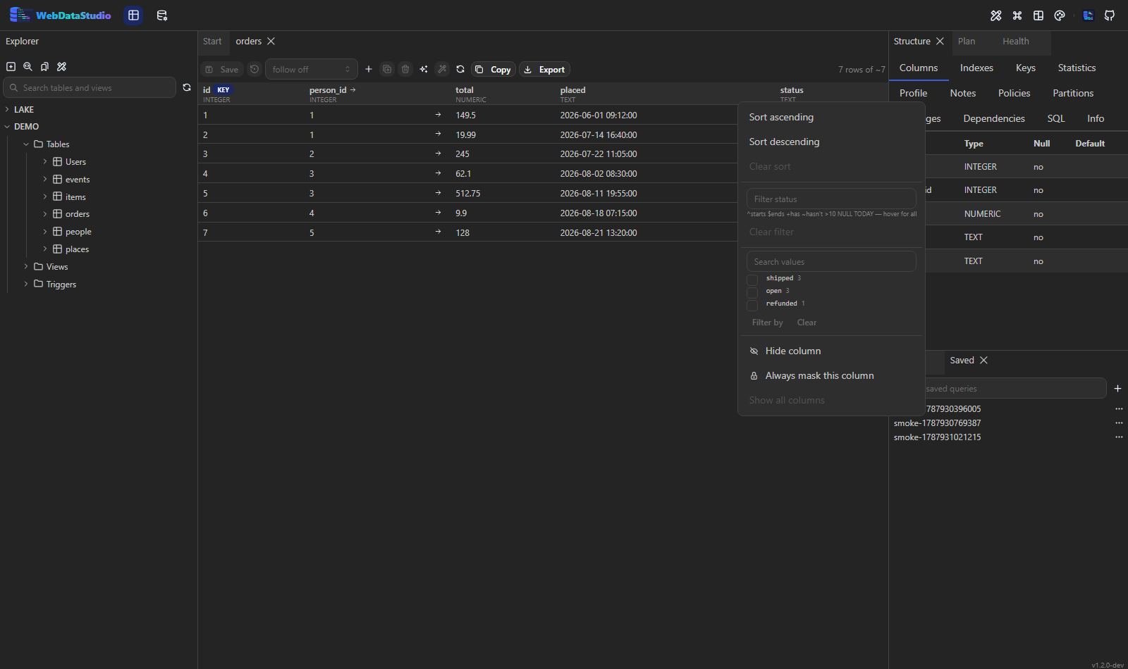 The column menu with its filter language